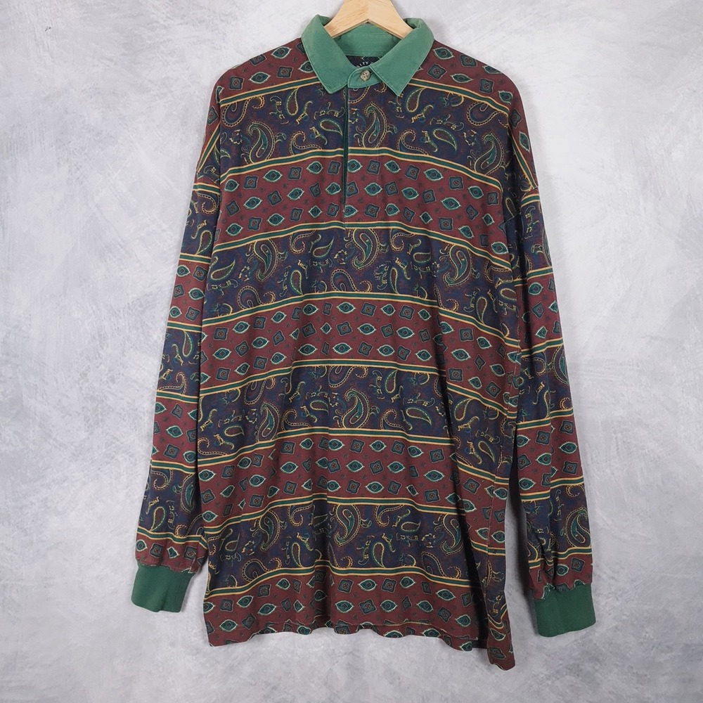 Vintage Gant Salty Dog Polo Shirt Mens Large Red Paisley Print Knit Long Sleeve